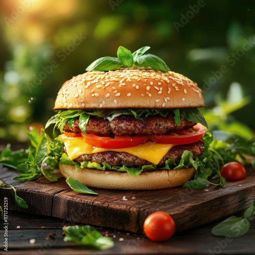 Delicious gourmet burger stacked high with fresh ingredients on a wooden boar...