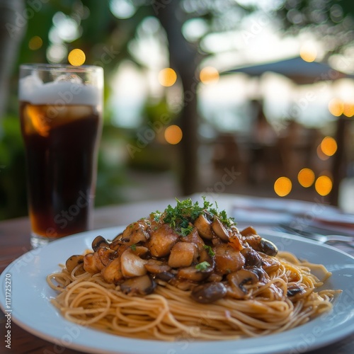 Delicious mushroom pasta served with a refreshing beverage in a tropical outd...