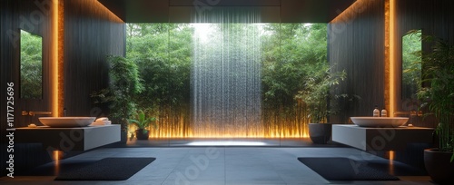 Modern spa interior with elegant design and tranquil waterfall in a lush gree...