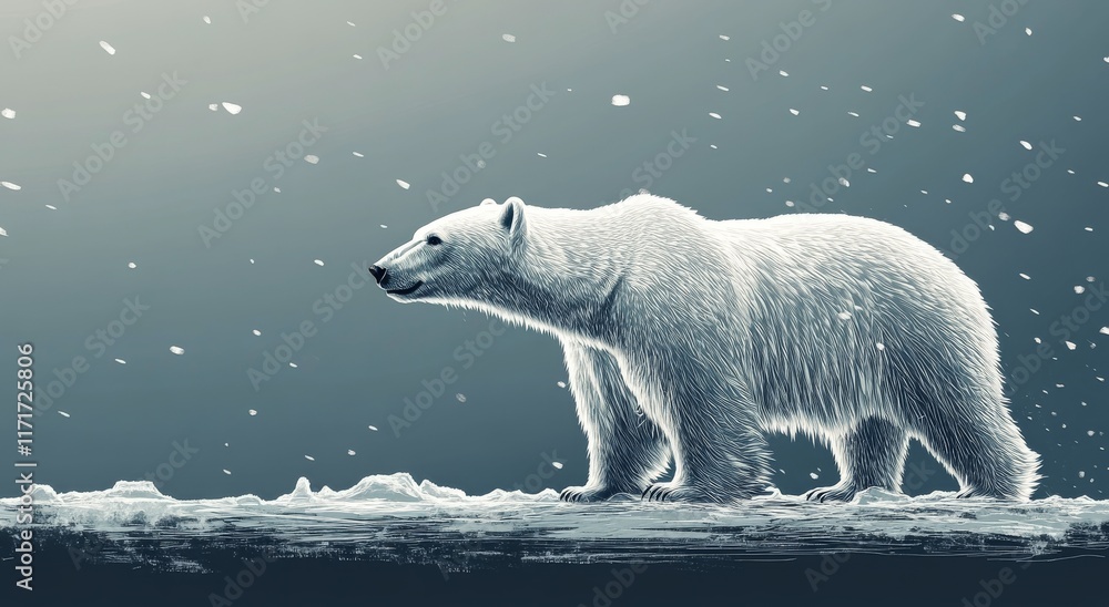 Fototapeta premium Polar bear in a snowy landscape under falling snowflakes during winter twilight