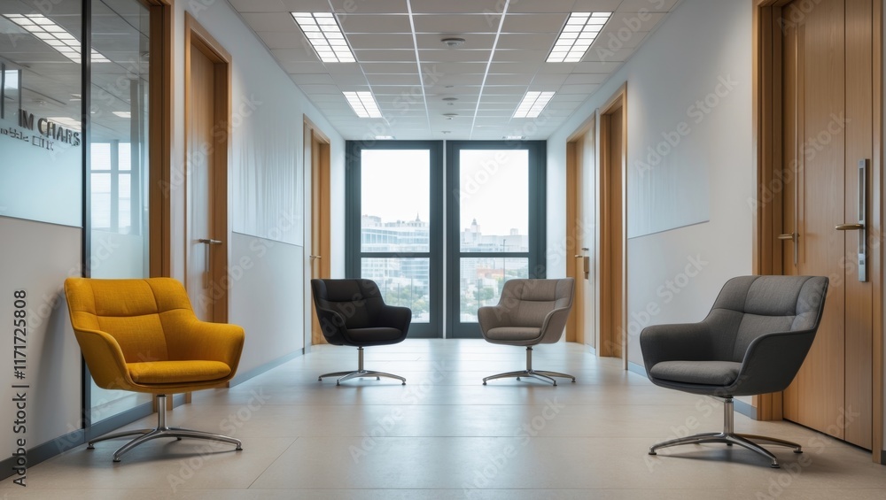Fototapeta premium Four chairs in office hallway with customizable space