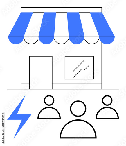 Blue storefront awning, three people icons, and lightning bolt symbolizing teamwork, local businesses, innovation, energy, growth, networking and collaboration. Ideal for community strategy