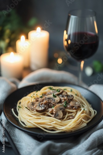 Romantic dinner with spaghetti and wine by candlelight in an elegant setting