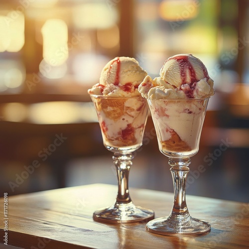 Two elegant dessert cups filled with pink and white ice cream on a wooden tab...