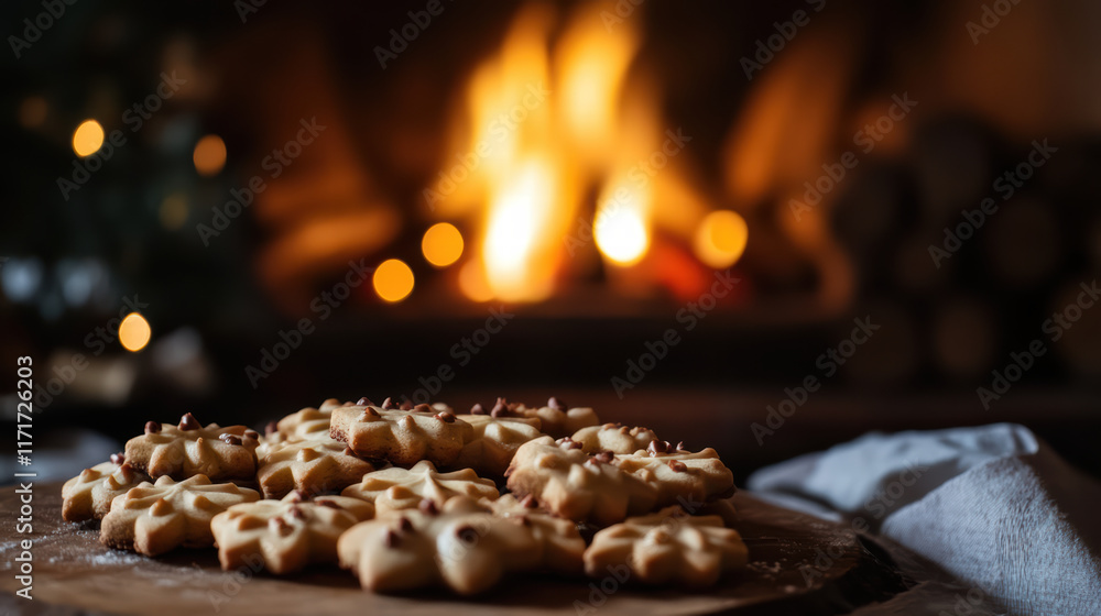 Delicious pinwheel cookies arranged on wooden board, with cozy fireplace glowing in background, creating warm and inviting atmosphere perfect for holidays Delicious pinwheel cookies arranged on wooden board, with cozy fireplace glowing in background, creating warm and inviting atmosphere perfect for holidays
