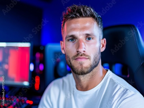 With a computer screen casting blue and red lights, a young entrepreneur works diligently, fostering a lively and intense environment. photo