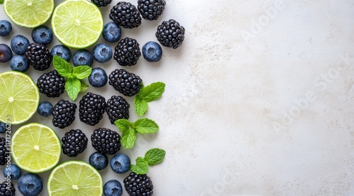 Fresh berries and lime slices arranged on a light background for a healthy sn...