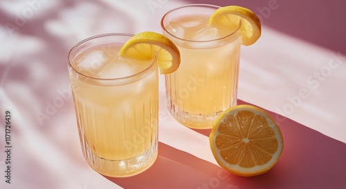 Refreshing lemonades served in glasses with ice and lemon slices on a pink ba...