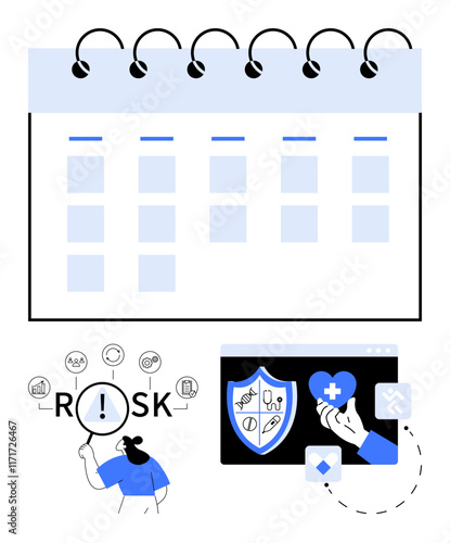 Calendar grid, person analyzing risks, shield with health symbols, hand holding a heart. Ideal for project planning, risk management, health insurance, safety, scheduling prevention abstract line