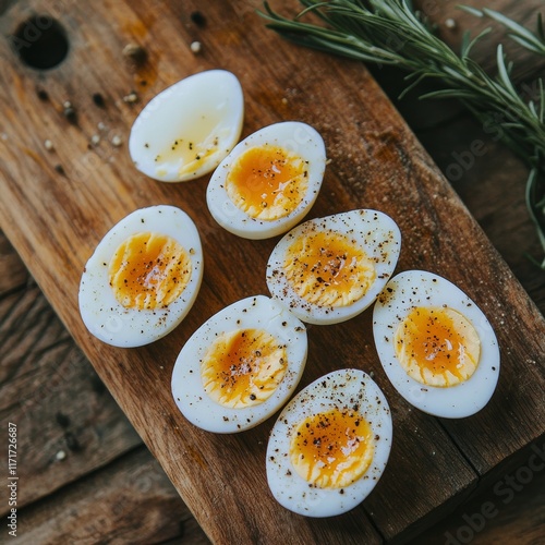 Delightful soft boiled eggs arranged on a rustic wooden cutting board with se...