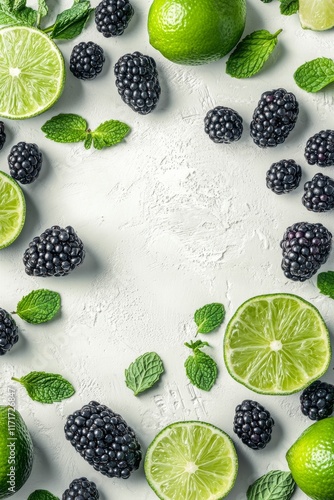 Fresh limes, blackberries, blueberries, and mint leaves arranged on a plain s...