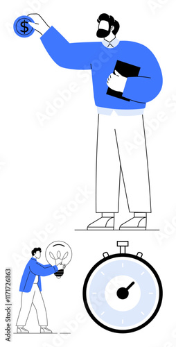 Businessman holding dollar coin and file person illuminating large bulb with stopwatch. Ideal for business, growth, innovation, time management, ideas, finance, strategy. Line metaphor