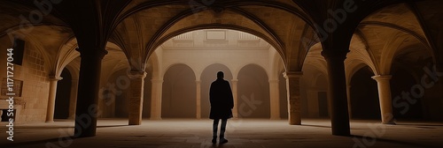 A mysterious silhouette stands in an ancient hallway filled with atmospheric lighting and vast arches. photo