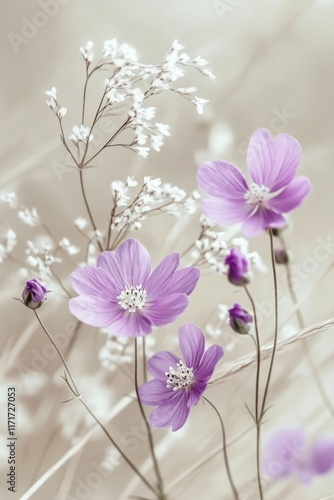 Beautiful arrangement of purple flowers with delicate white accents in soft b...