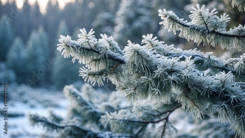Frost covered spruce branches in winter forest