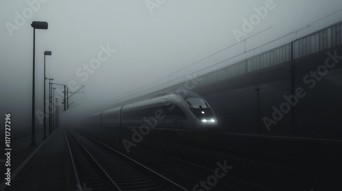 High-speed train in dense fog on railway tracks. (2) photo