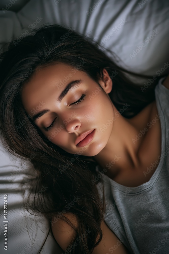 A young woman peacefully resting in her bed, encapsulating the feeling of serenity and comfort. A young woman peacefully resting in her bed, encapsulating the feeling of serenity and comfort.