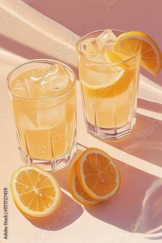 Refreshing lemon drinks with ice served on a stylish surface in afternoon light