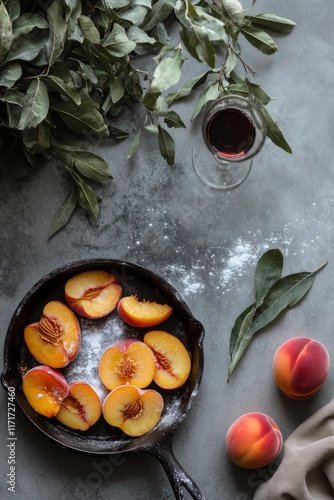 Fresh peaches and delicate white flowers arranged on a dark surface with a gl...
