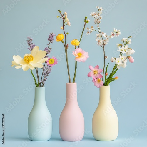 Beautiful spring flowers arranged in colorful vases against a pastel blue bac...