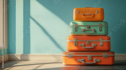 Vintage luggage stacked in a bright room with sunlight streaming through the ...