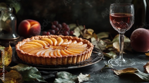 Fresh peach tart on a dark table with drinks and leaves in a cozy setting