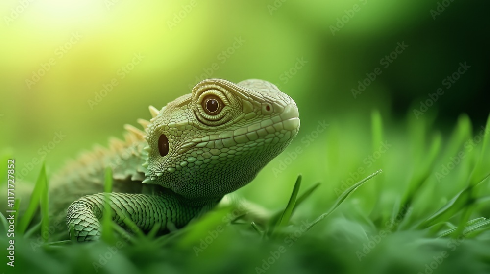 Crawling reptile exploring lush green grass in warm sunlight during a tranquil afternoon Crawling reptile exploring lush green grass in warm sunlight during a tranquil afternoon