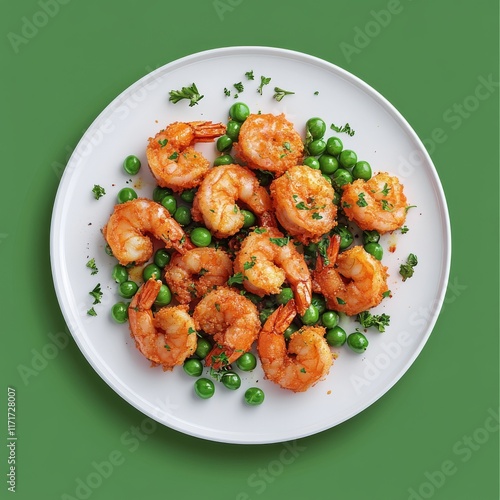 Delicious grilled shrimp served on a platter with fresh green peas and herbs ...