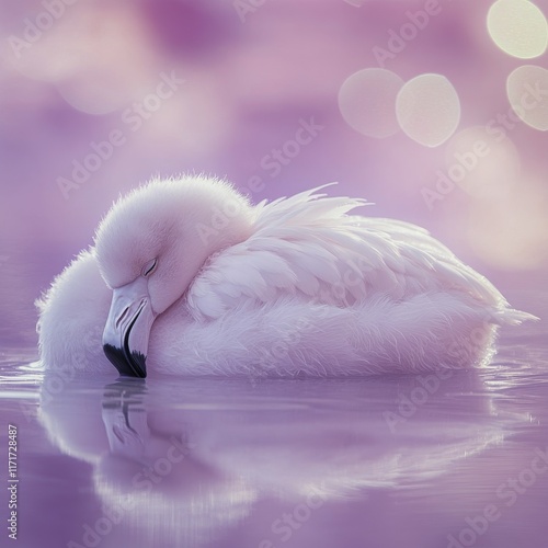 Elegant flamingo resting peacefully on water with a dreamy background at sunset
