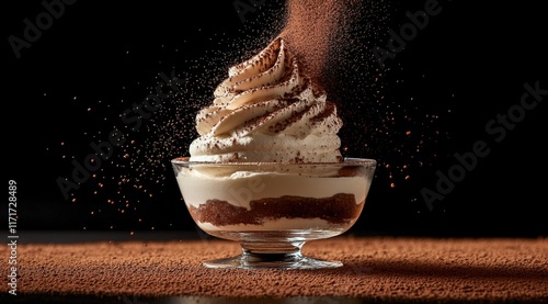Indulgent dessert topped with creamy swirl and cocoa dust in a glass on dark ...