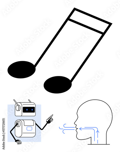 Music note robot gesturing, human head with breathing arrows. Ideal for technology, music, sound, AI, communication, robotics, innovation. Line metaphor