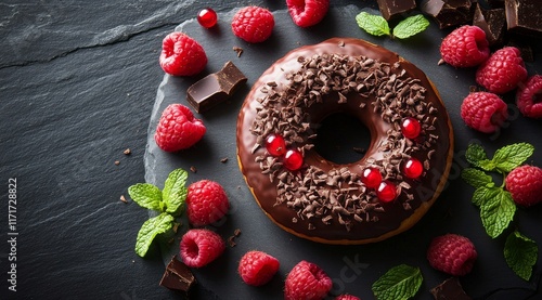 Delicious chocolate donut garnished with fresh raspberries and mint leaves on...