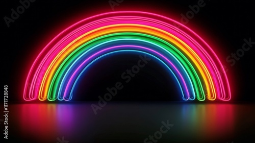 Vibrant neon rainbow arch glowing in a darkened environment
