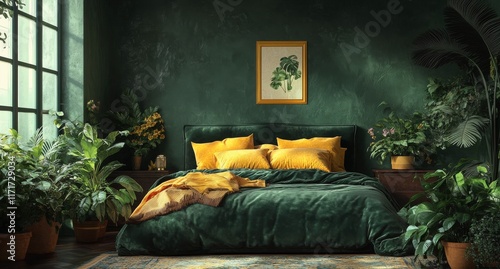 Cozy green bedroom filled with plants and vibrant yellow bedding near a large...