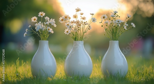 Elegant white vases with daisies arranged in a lush green garden during daylight