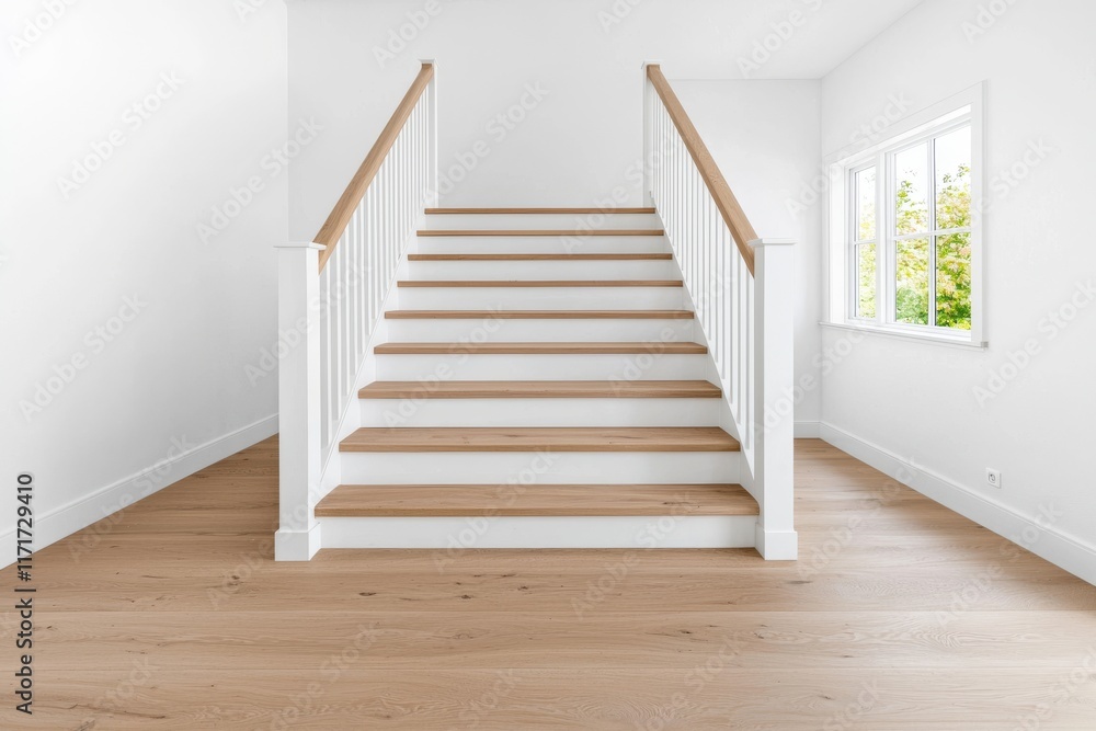 Fototapeta premium A modern house with an interior that includes a staircase and a workspace.