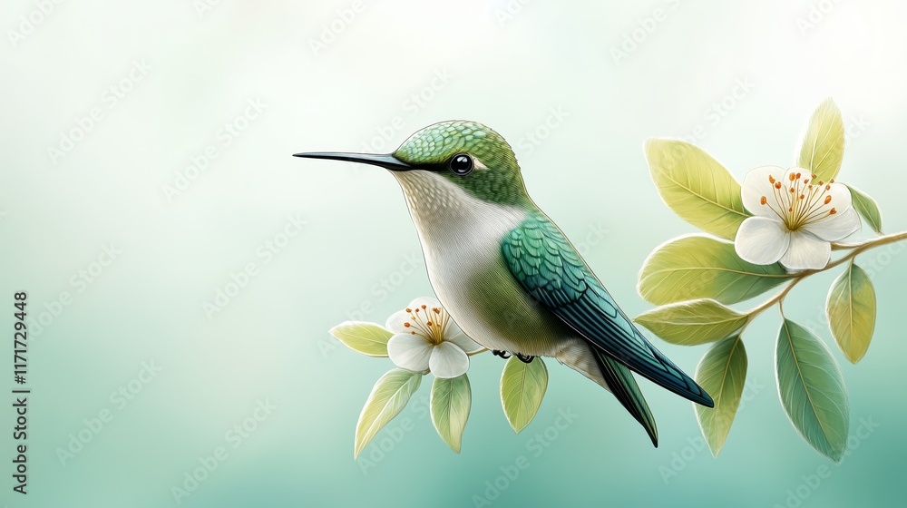 Fototapeta premium Bright green cartoon hummingbird perched on delicate leaves with flowers in soft background