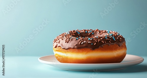 Delicious chocolate frosted donut with colorful sprinkles on a white plate ag...