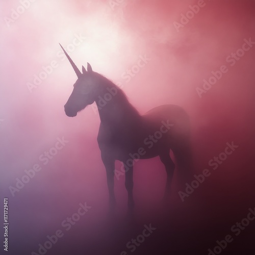 Mystical unicorn standing gracefully in ethereal fog during a colorful dawn