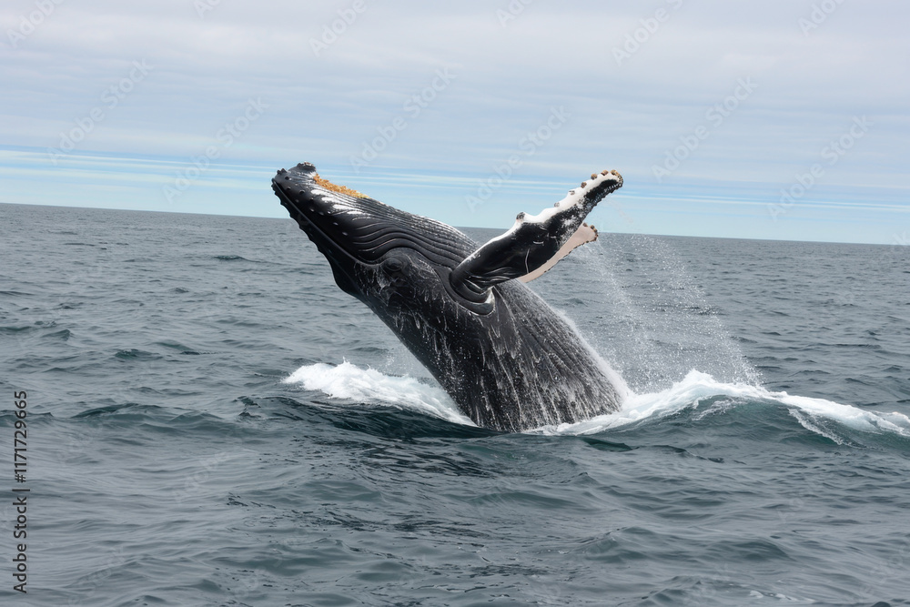 Fototapeta premium A humpback whale captured mid-breach during daylight, splashing in the open ocean under a cloudy sky, showcasing its immense size and power.