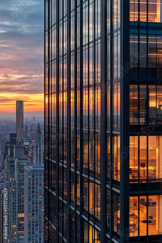 Modern office building reflects sunset glow in an urban landscape showcasing ...