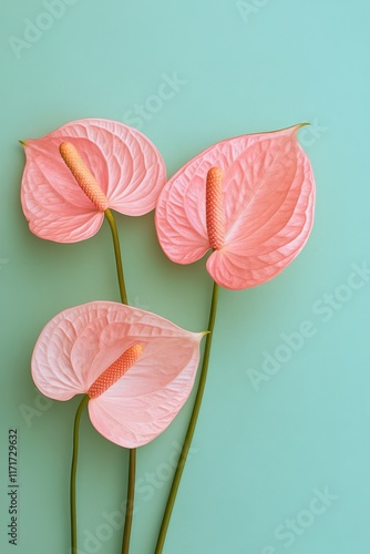 Vibrant pink anthurium flowers arranged against a soft teal background
