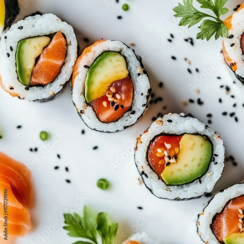 Fresh sushi rolls with salmon, avocado, and sauce served on a white plate in ...