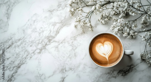 Latte art in a white cup on marble table with green leaves in the background