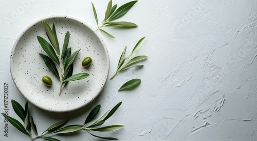 Fresh green leaves arranged on neutral plates for a natural dining experience...