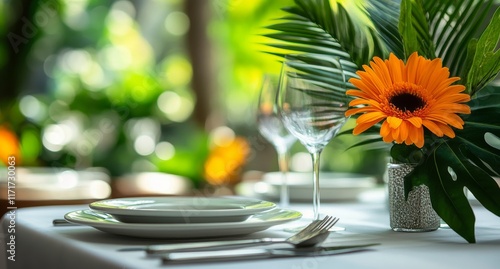 Elegant outdoor dining setup with floral accents and soft sunlight during gol...