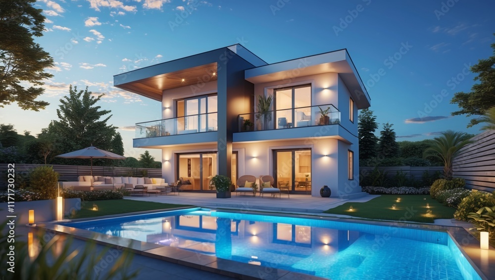 Fototapeta premium Modern cozy house with pool and landscaping