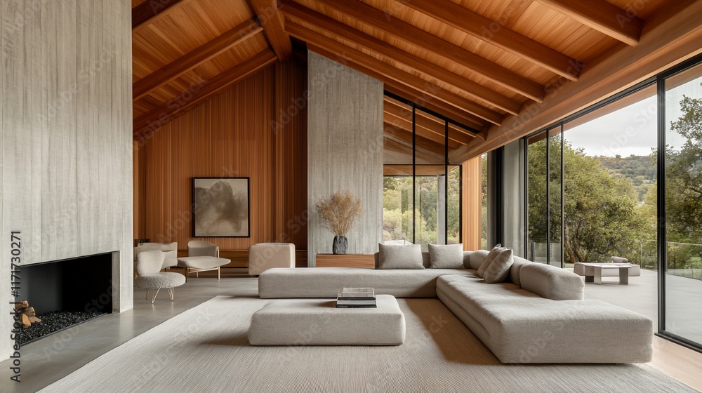 Modern living room with high ceiling, wood beams, large windows, and neutral tones. Modern living room with high ceiling, wood beams, large windows, and neutral tones.