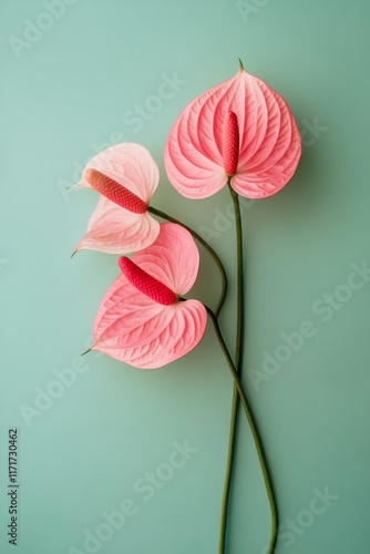 Vibrant pink anthurium flowers arranged against a soft teal background