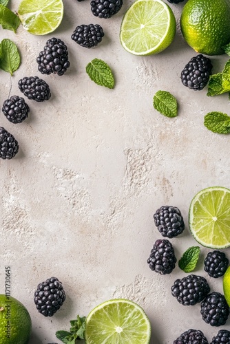 Fresh limes, blackberries, blueberries, and mint leaves arranged on a plain s...